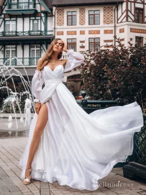A-line Off-the-shoulder Long Sleeve Rustic Wedding Dresses Backless Bridal Gowns MHL152