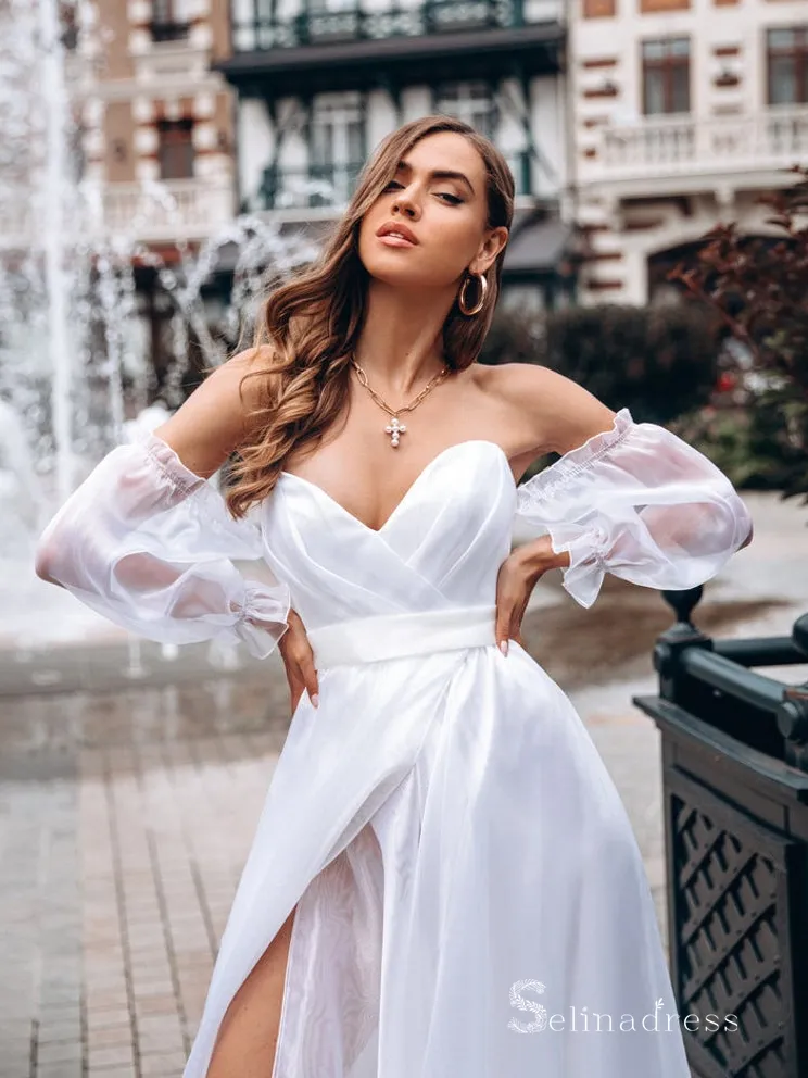 A-line Off-the-shoulder Long Sleeve Rustic Wedding Dresses Backless Bridal Gowns MHL152