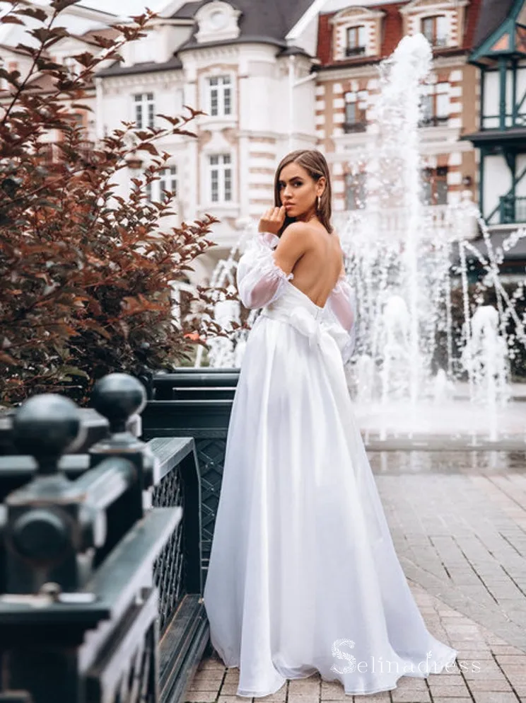 A-line Off-the-shoulder Long Sleeve Rustic Wedding Dresses Backless Bridal Gowns MHL152