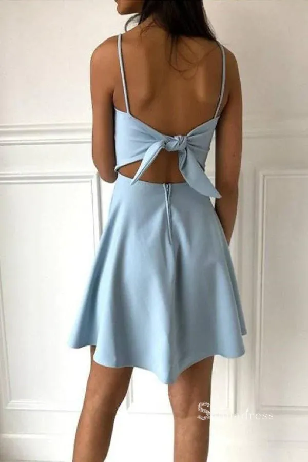 A-line Spaghetti Straps Sky Blue Satin Homecoming Dress Short Prom Dress RYU055