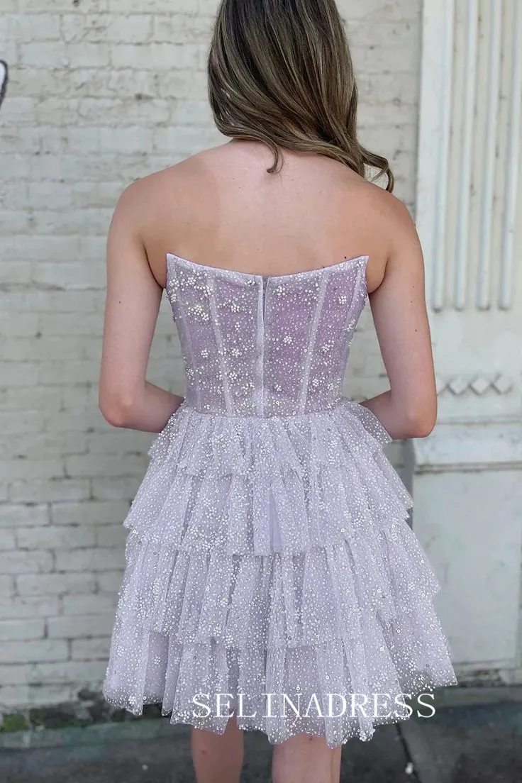 A-line Strapless Short Prom Dress Multi-layered Homecoming Dresses #sea077