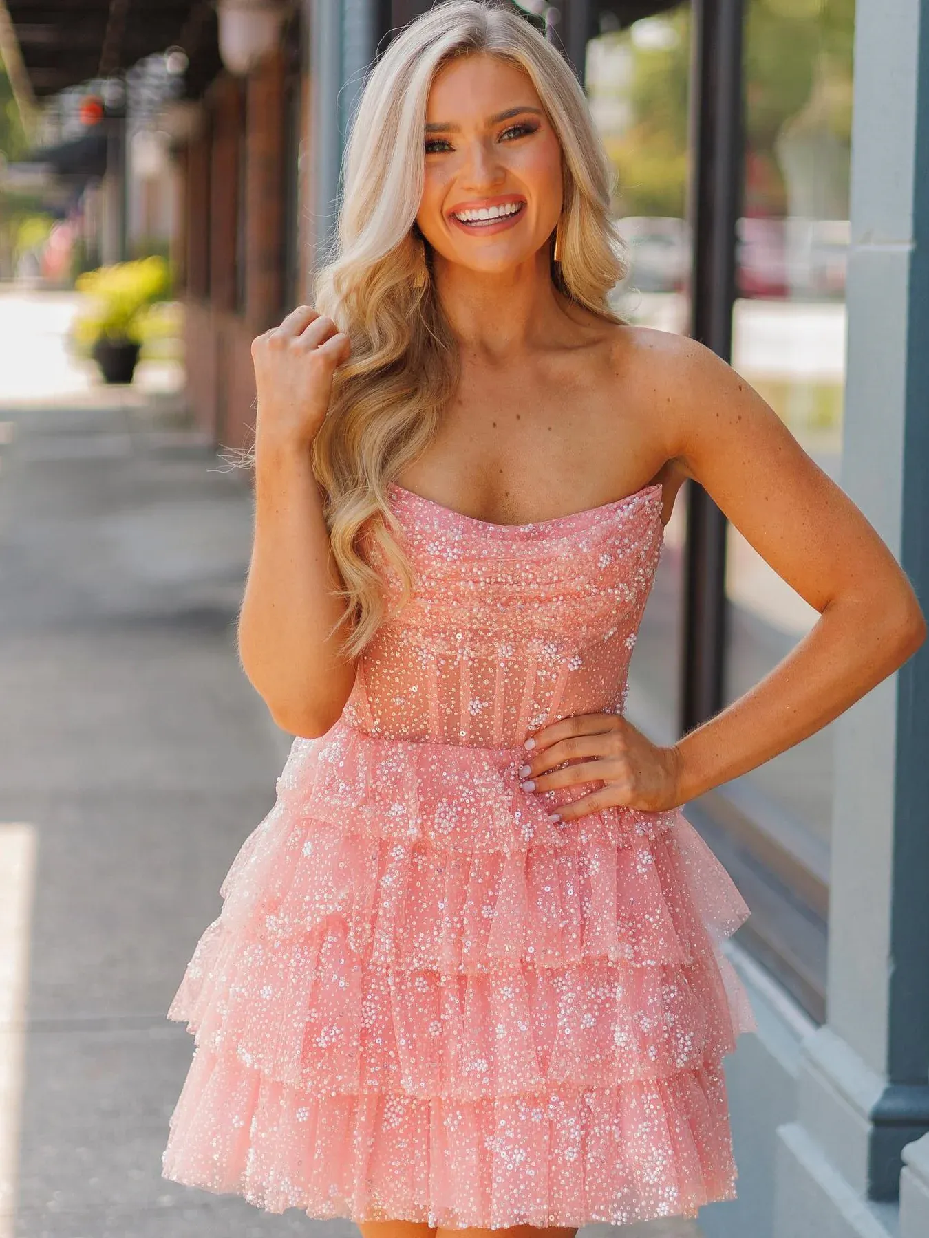 A-line Strapless Short Prom Dress Multi-layered Homecoming Dresses #sea077