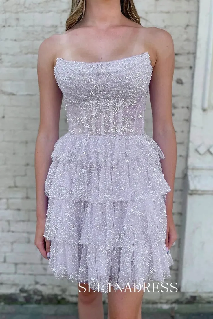 A-line Strapless Short Prom Dress Multi-layered Homecoming Dresses #sea077