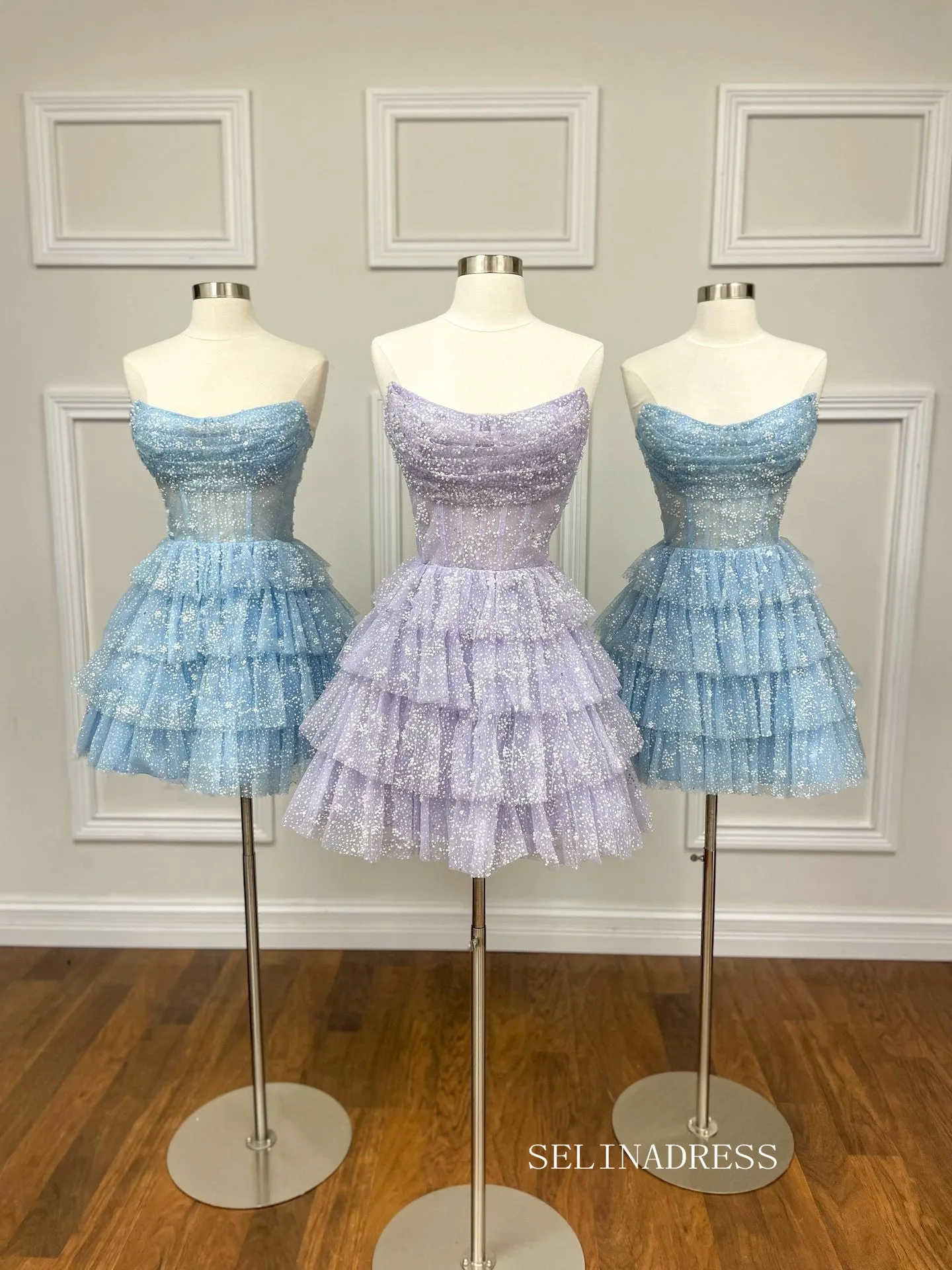 A-line Strapless Short Prom Dress Multi-layered Homecoming Dresses #sea077