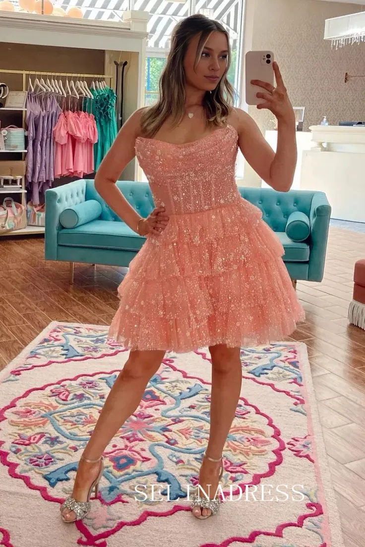 A-line Strapless Short Prom Dress Multi-layered Homecoming Dresses #sea077