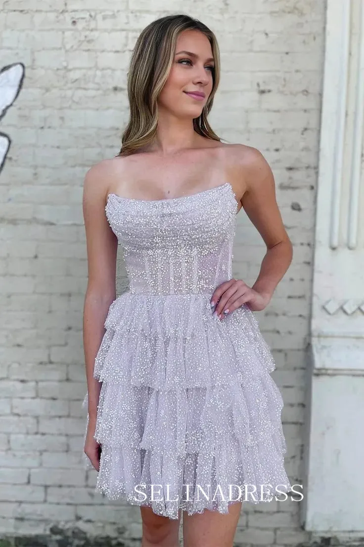 A-line Strapless Short Prom Dress Multi-layered Homecoming Dresses #sea077