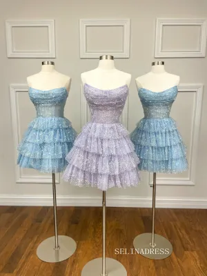 A-line Strapless Short Prom Dress Multi-layered Homecoming Dresses #sea077