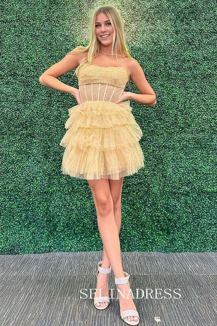 A-line Strapless Short Prom Dress Multi-layered Homecoming Dresses #sea077