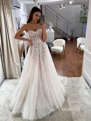 A-line Sweetheart Tulle Appliqued Wedding Dress Cheap Rustic Bridal Dresses #KOP093