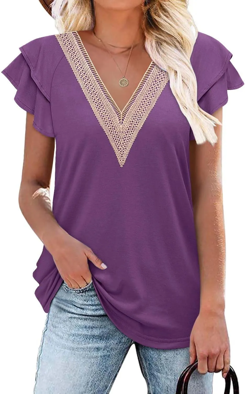 Angerella Short Sleeve Lace V Neck Shirts for Women Floral Print Tunic Tops Blouses