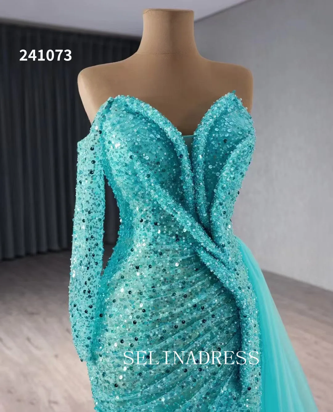 Aqua Blue Beaded Mermaid Wedding Dresses Overskirt Prom Dress with Slit 241073