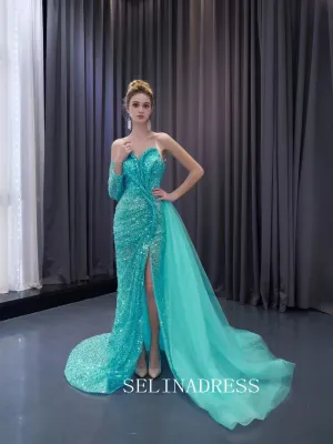 Aqua Blue Beaded Mermaid Wedding Dresses Overskirt Prom Dress with Slit 241073
