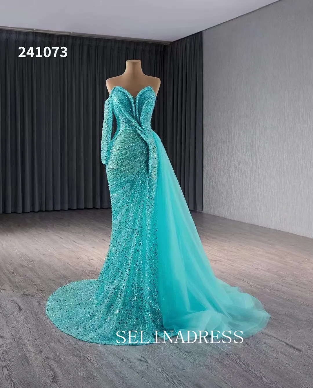 Aqua Blue Beaded Mermaid Wedding Dresses Overskirt Prom Dress with Slit 241073