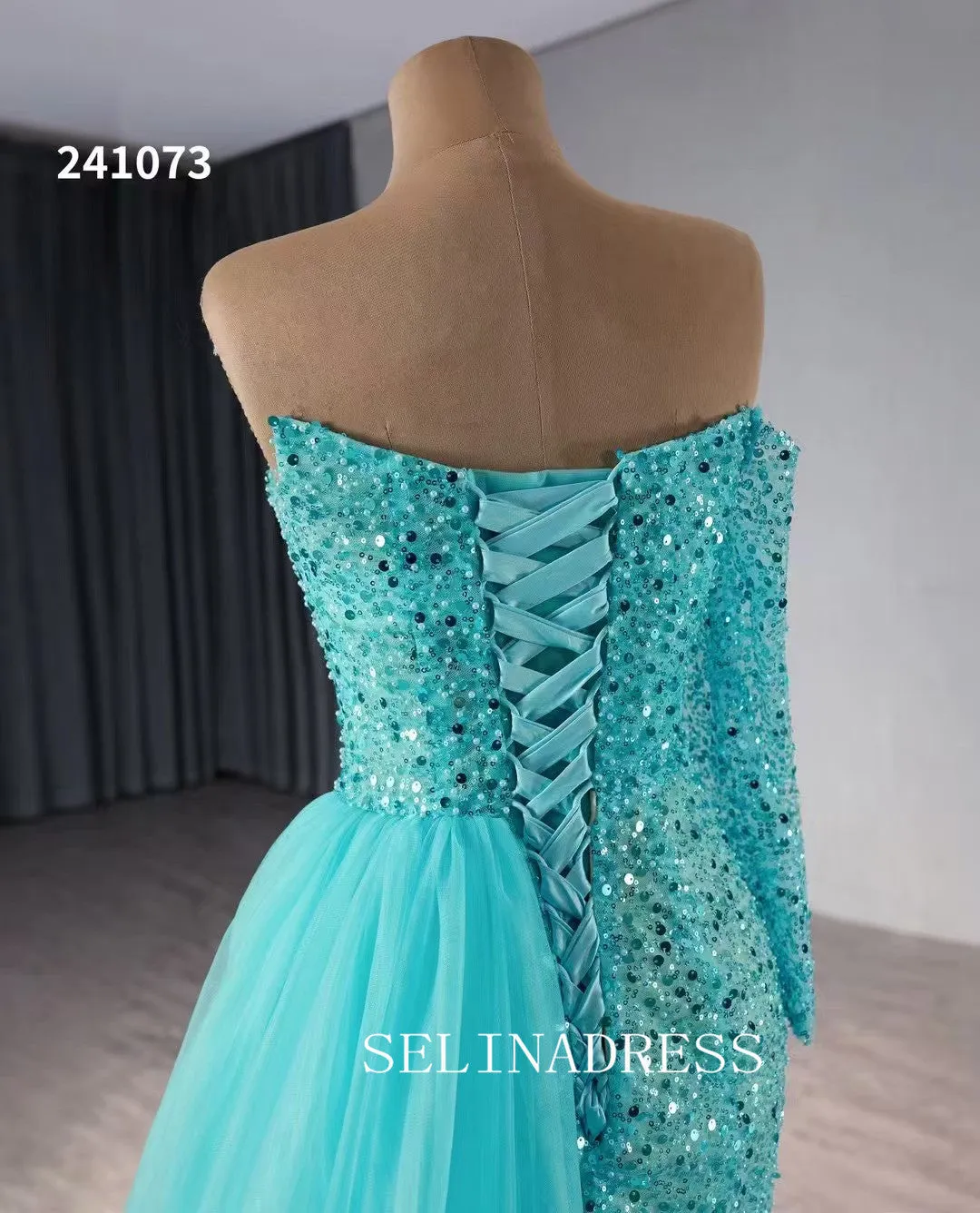 Aqua Blue Beaded Mermaid Wedding Dresses Overskirt Prom Dress with Slit 241073
