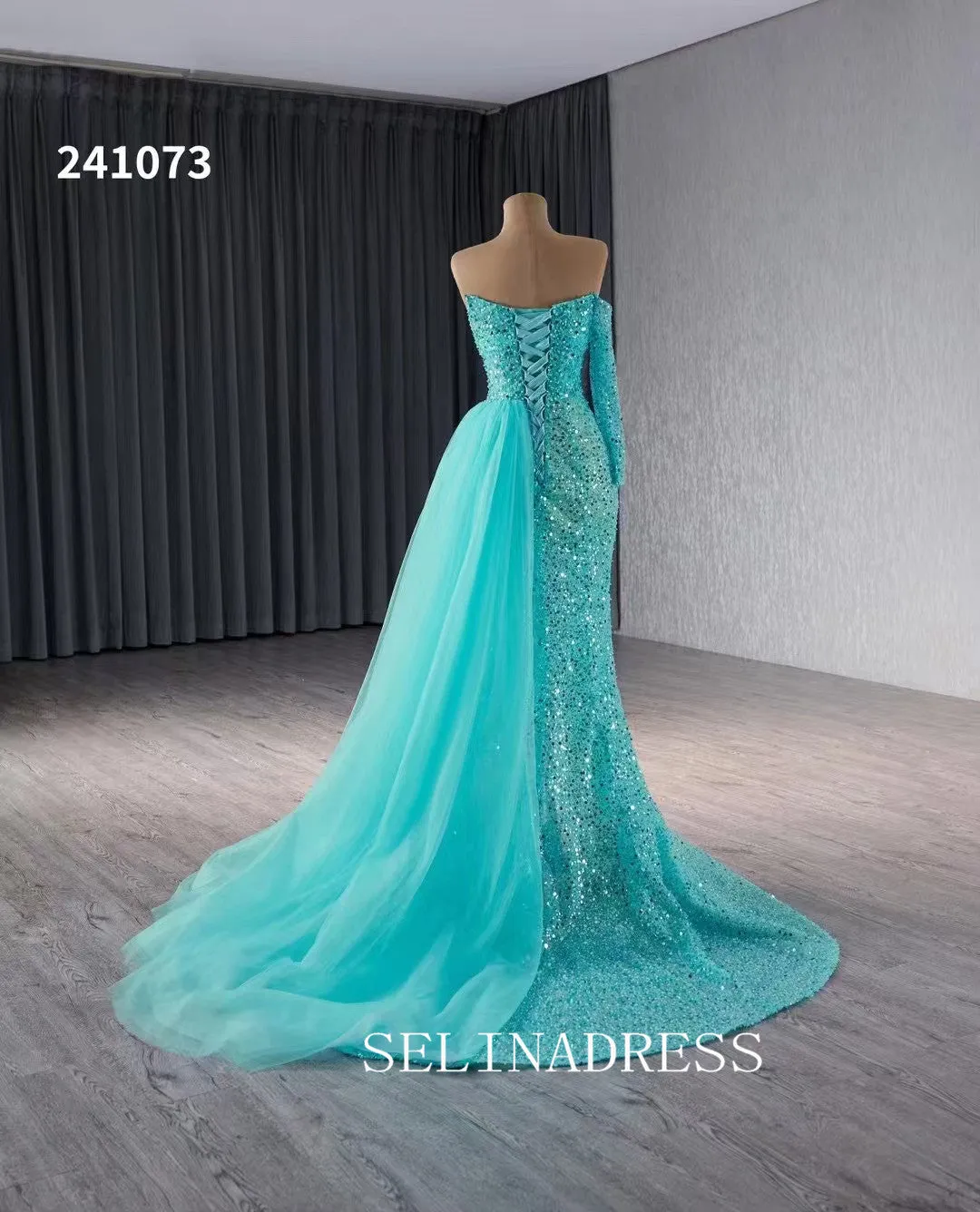 Aqua Blue Beaded Mermaid Wedding Dresses Overskirt Prom Dress with Slit 241073