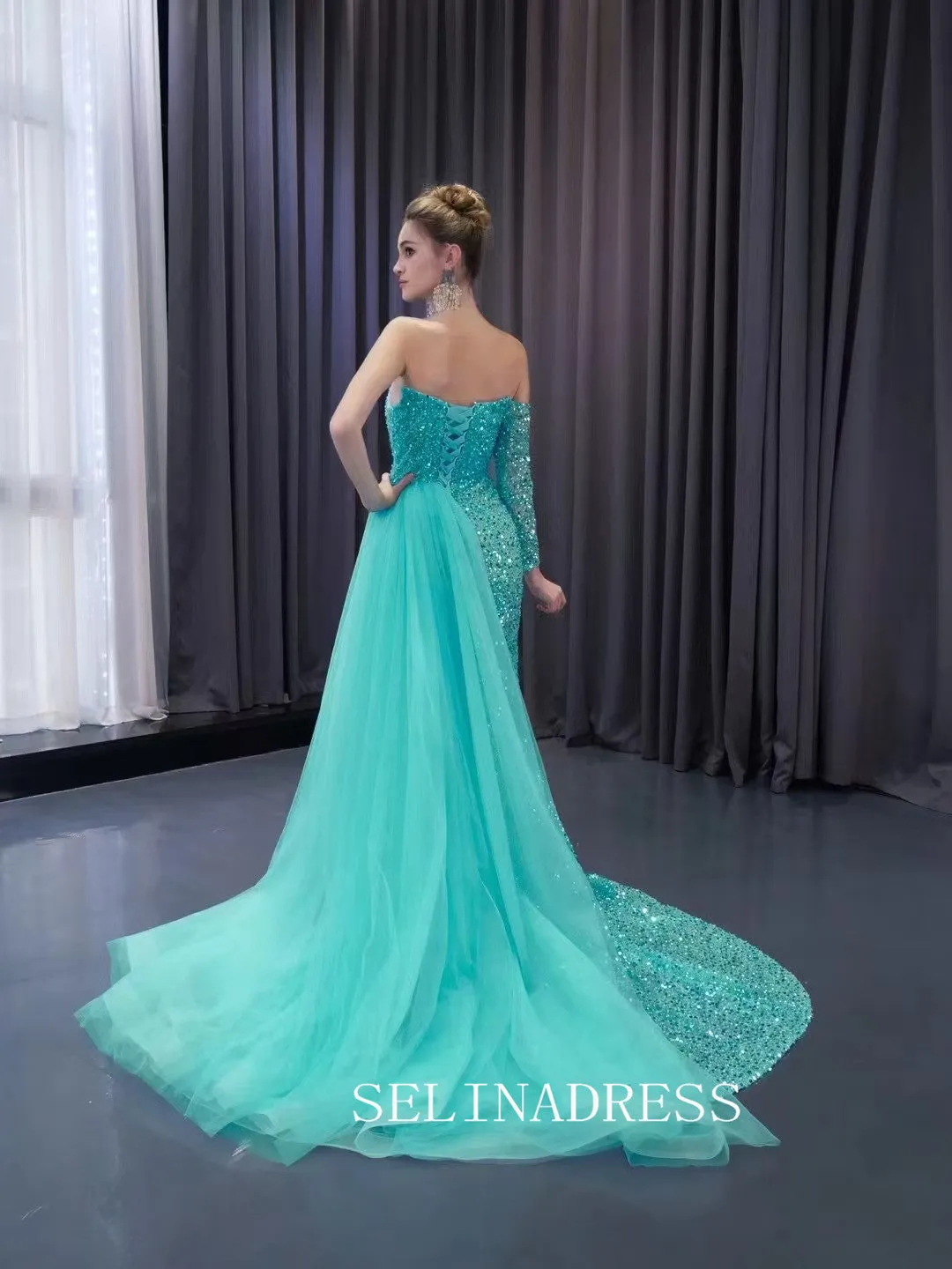 Aqua Blue Beaded Mermaid Wedding Dresses Overskirt Prom Dress with Slit 241073