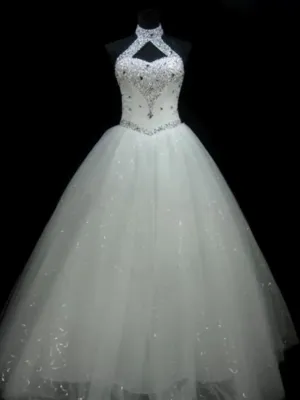 Ball-Gown Halter Beading Floor-Length Tulle Wedding Dress
