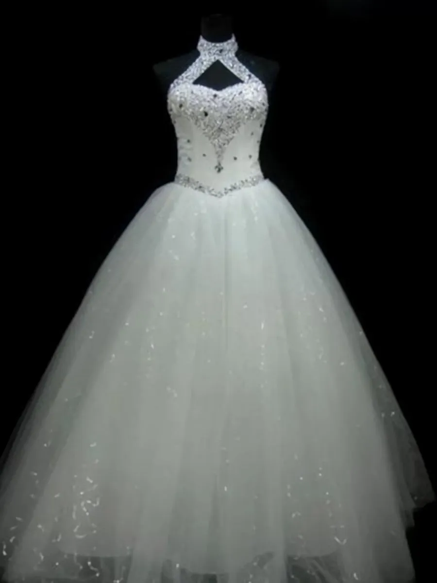 Ball-Gown Halter Beading Floor-Length Tulle Wedding Dress
