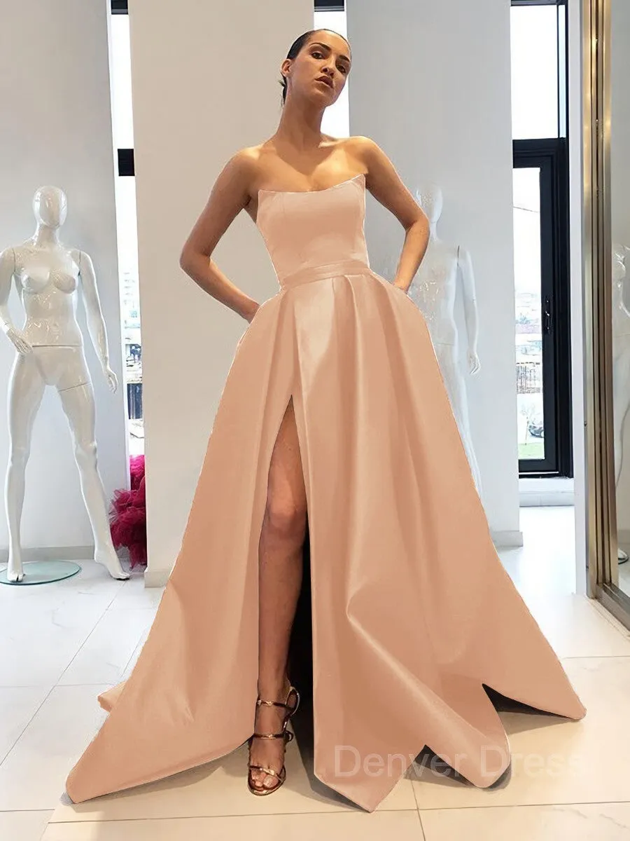 Ball Gown Strapless Sweep Train Satin Prom Dresses With Leg Slit