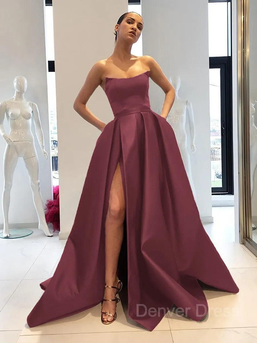 Ball Gown Strapless Sweep Train Satin Prom Dresses With Leg Slit