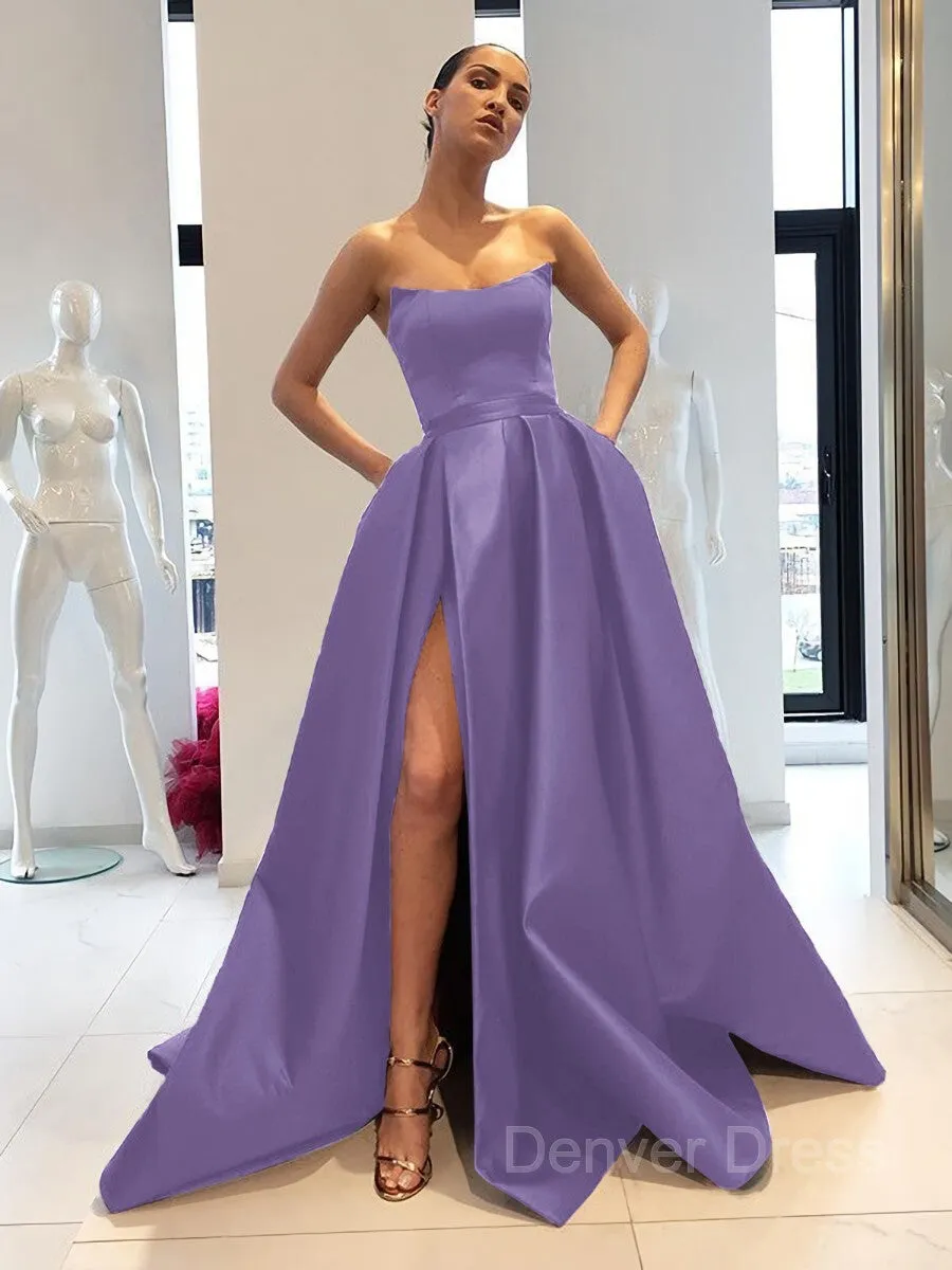 Ball Gown Strapless Sweep Train Satin Prom Dresses With Leg Slit