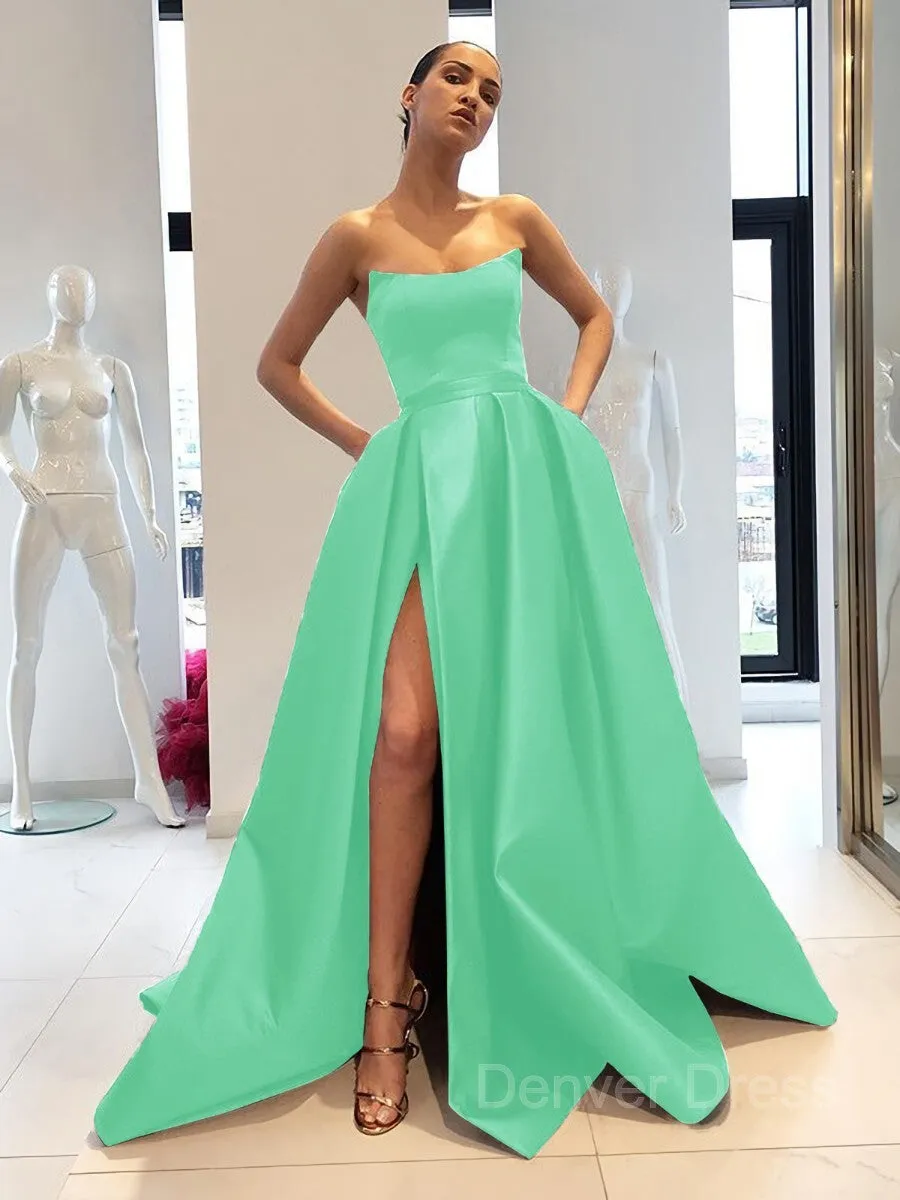 Ball Gown Strapless Sweep Train Satin Prom Dresses With Leg Slit