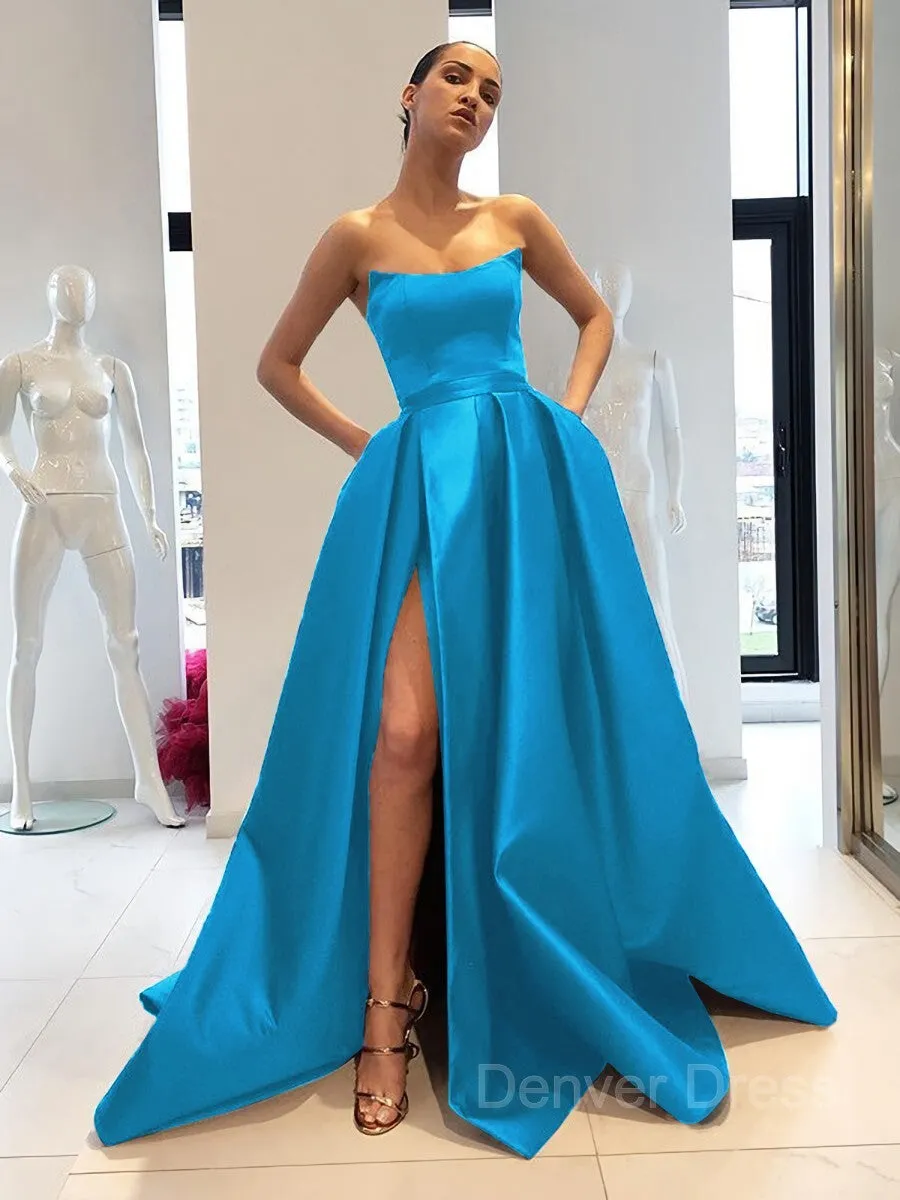Ball Gown Strapless Sweep Train Satin Prom Dresses With Leg Slit