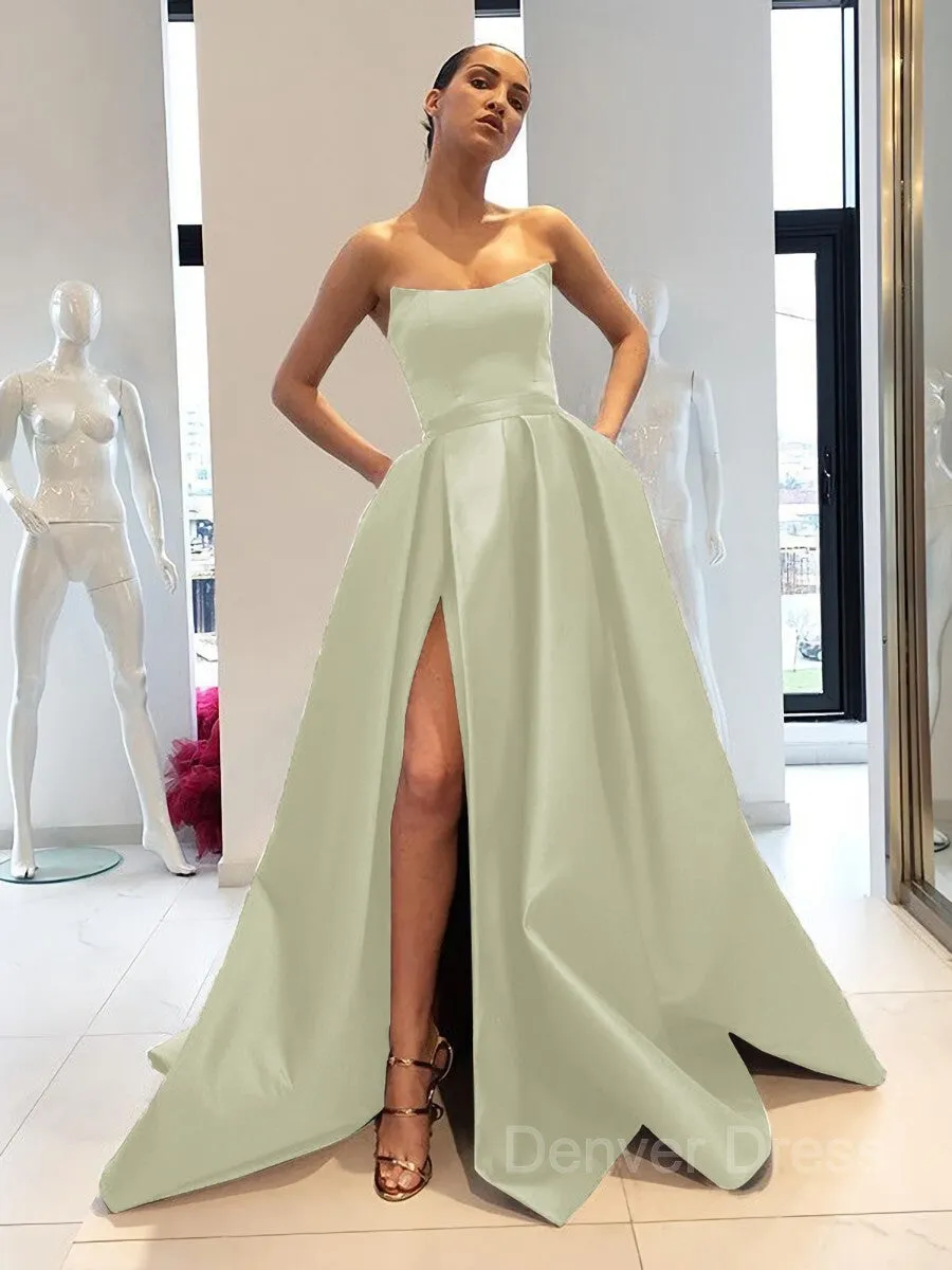 Ball Gown Strapless Sweep Train Satin Prom Dresses With Leg Slit