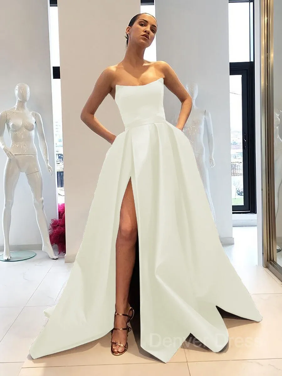 Ball Gown Strapless Sweep Train Satin Prom Dresses With Leg Slit