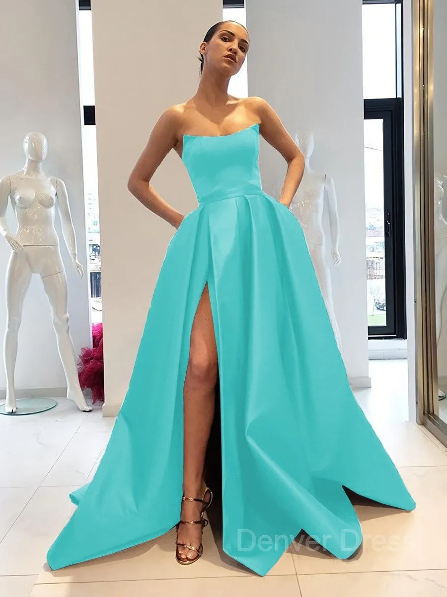 Ball Gown Strapless Sweep Train Satin Prom Dresses With Leg Slit