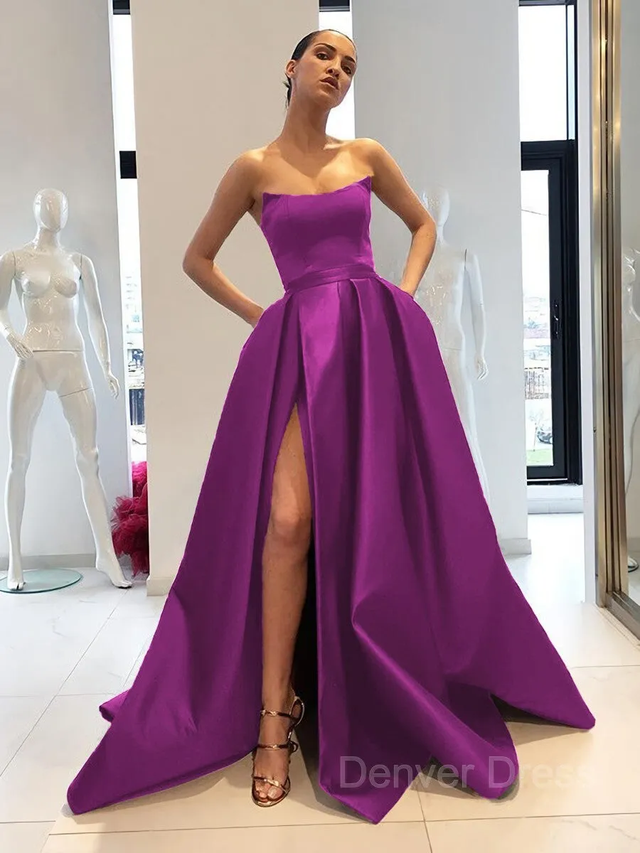 Ball Gown Strapless Sweep Train Satin Prom Dresses With Leg Slit