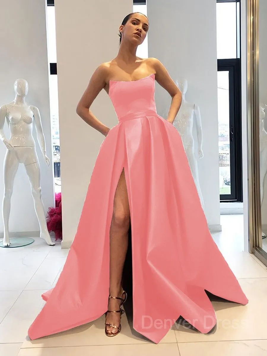 Ball Gown Strapless Sweep Train Satin Prom Dresses With Leg Slit