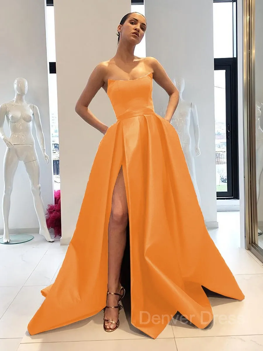 Ball Gown Strapless Sweep Train Satin Prom Dresses With Leg Slit