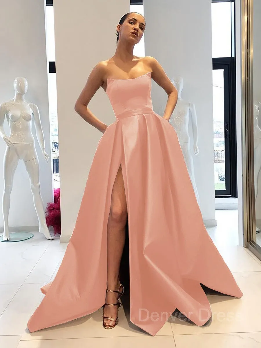 Ball Gown Strapless Sweep Train Satin Prom Dresses With Leg Slit