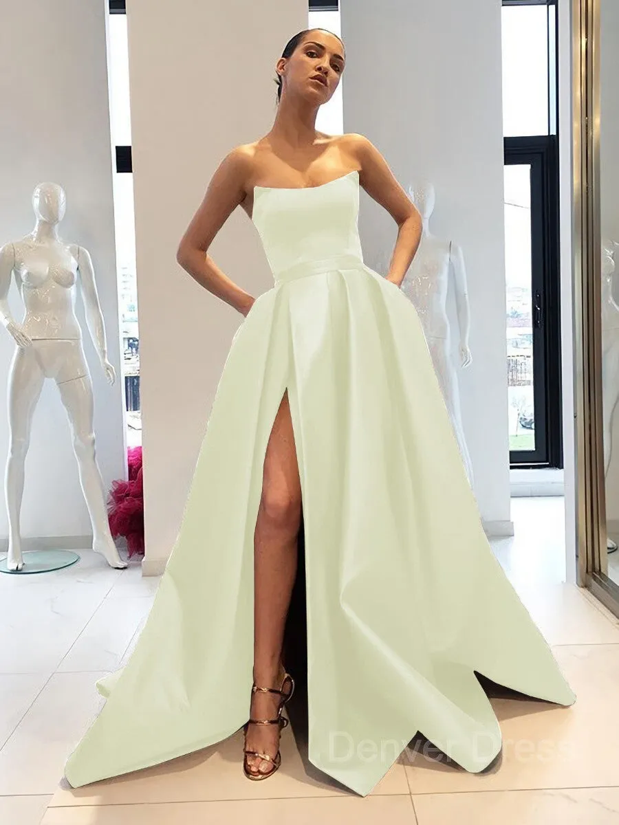 Ball Gown Strapless Sweep Train Satin Prom Dresses With Leg Slit