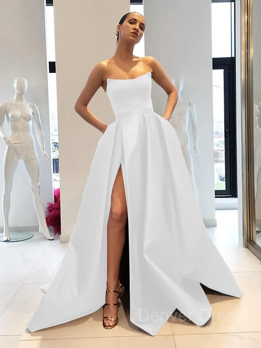 Ball Gown Strapless Sweep Train Satin Prom Dresses With Leg Slit