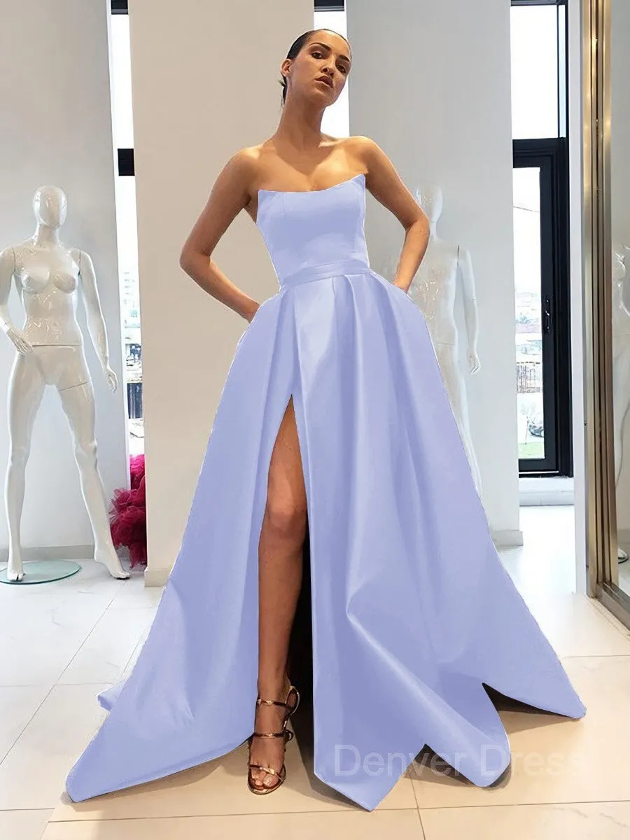 Ball Gown Strapless Sweep Train Satin Prom Dresses With Leg Slit