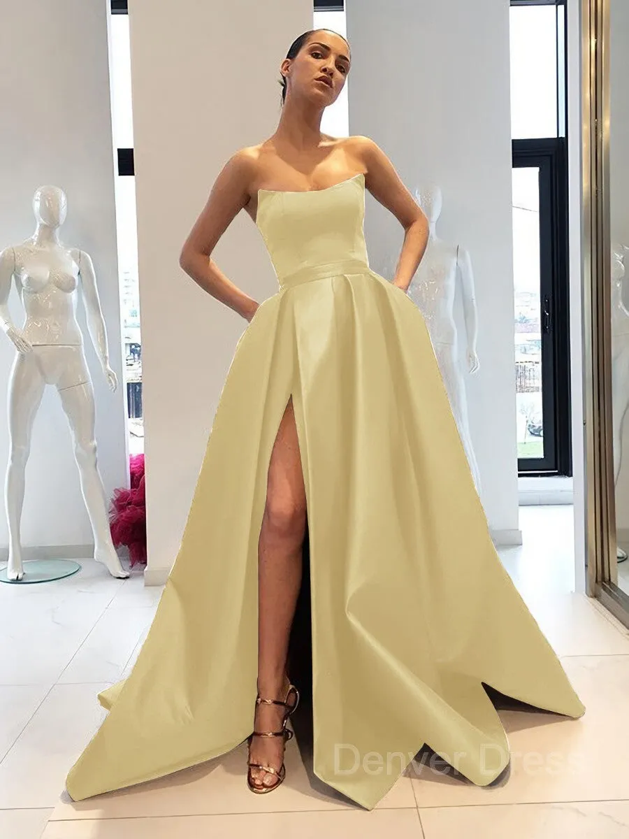 Ball Gown Strapless Sweep Train Satin Prom Dresses With Leg Slit