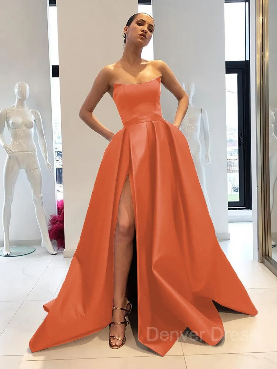 Ball Gown Strapless Sweep Train Satin Prom Dresses With Leg Slit