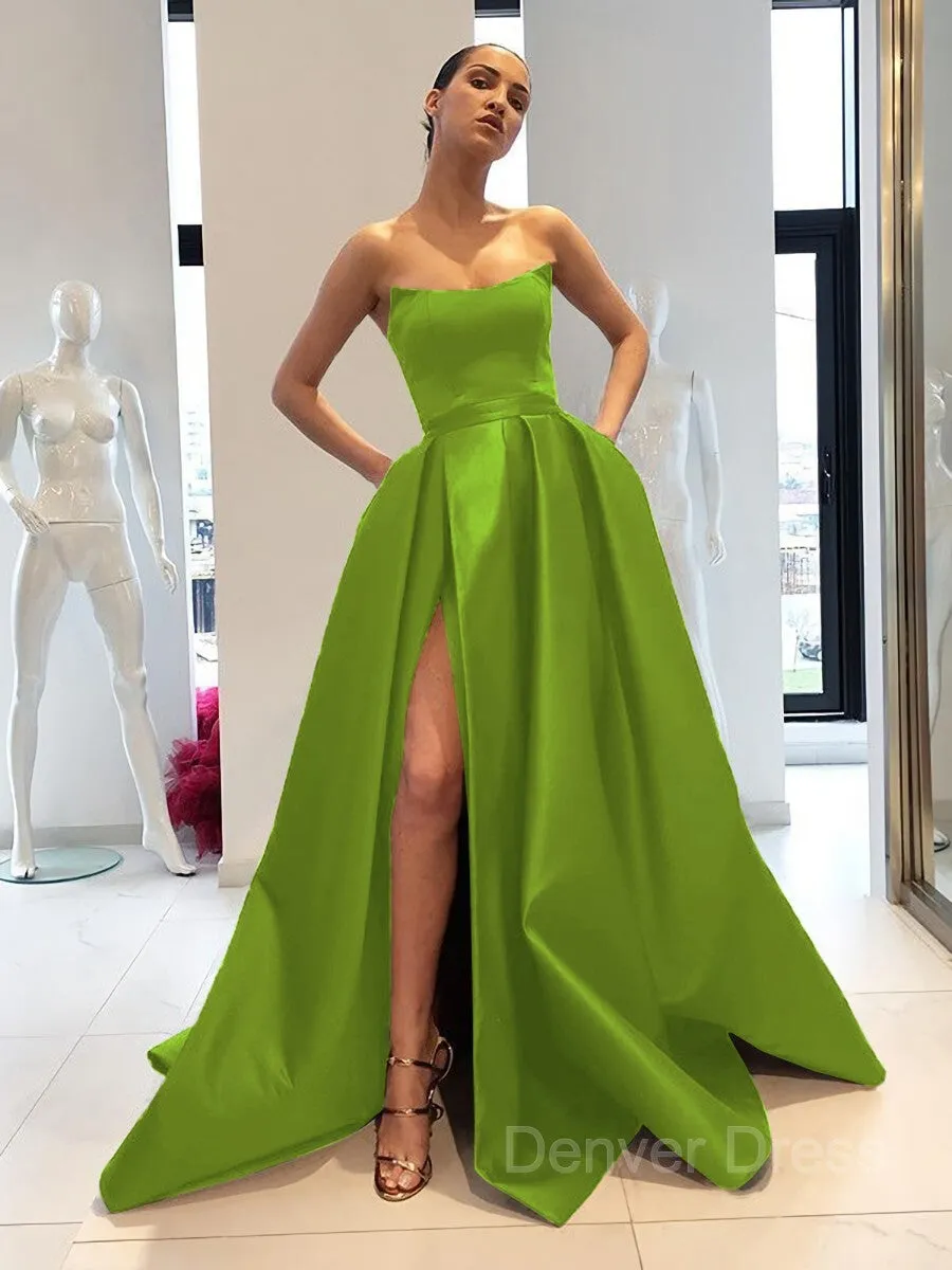 Ball Gown Strapless Sweep Train Satin Prom Dresses With Leg Slit