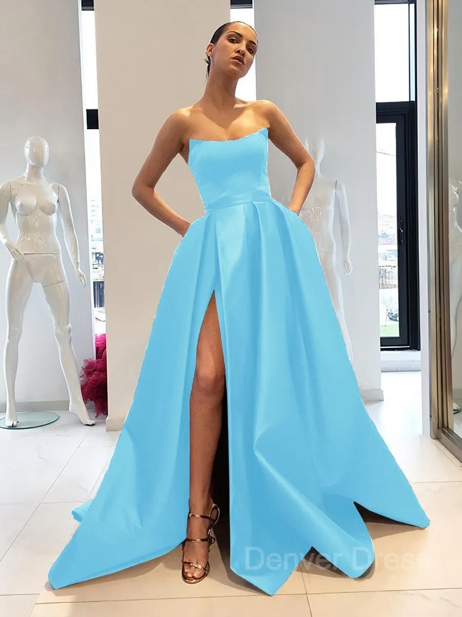 Ball Gown Strapless Sweep Train Satin Prom Dresses With Leg Slit