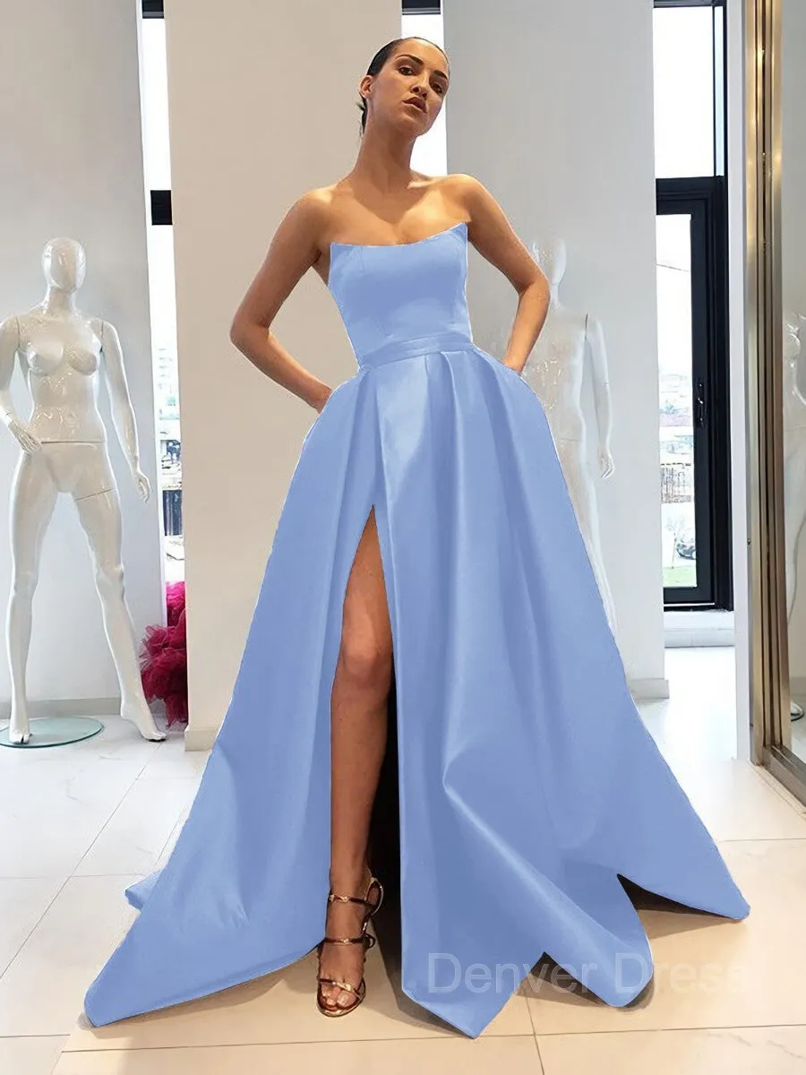 Ball Gown Strapless Sweep Train Satin Prom Dresses With Leg Slit