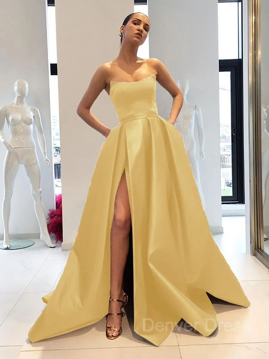 Ball Gown Strapless Sweep Train Satin Prom Dresses With Leg Slit
