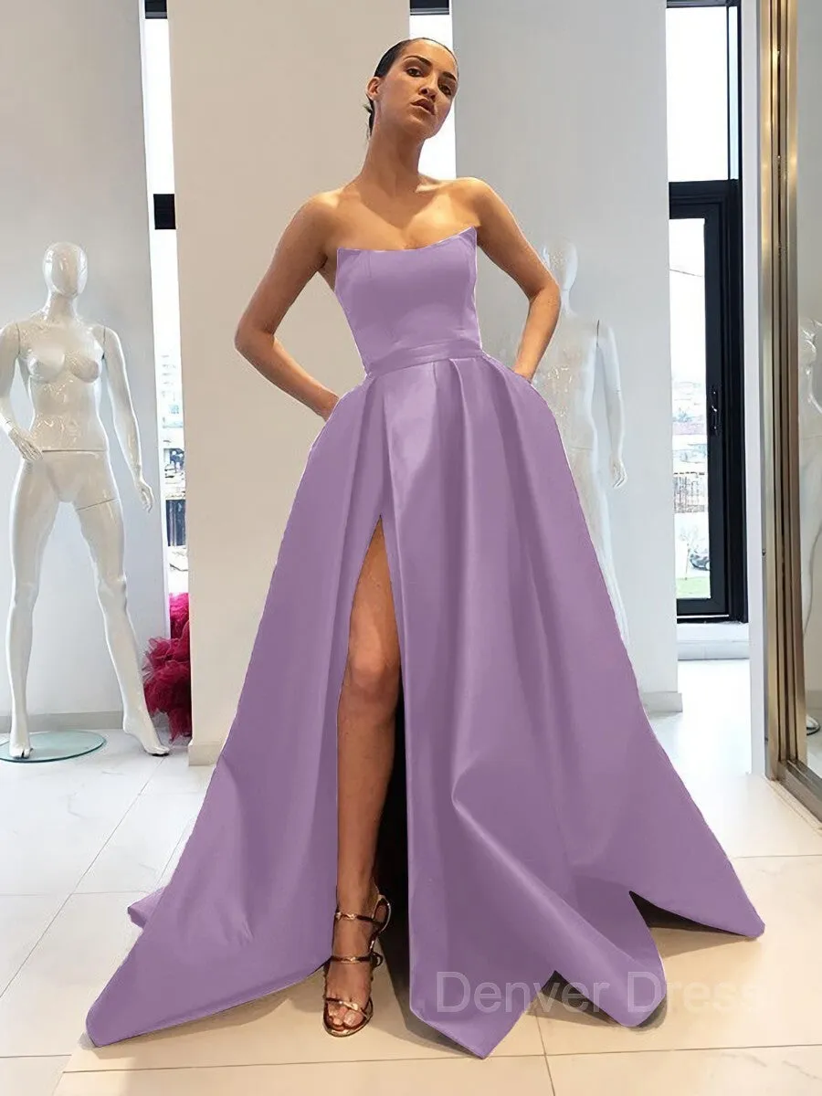 Ball Gown Strapless Sweep Train Satin Prom Dresses With Leg Slit