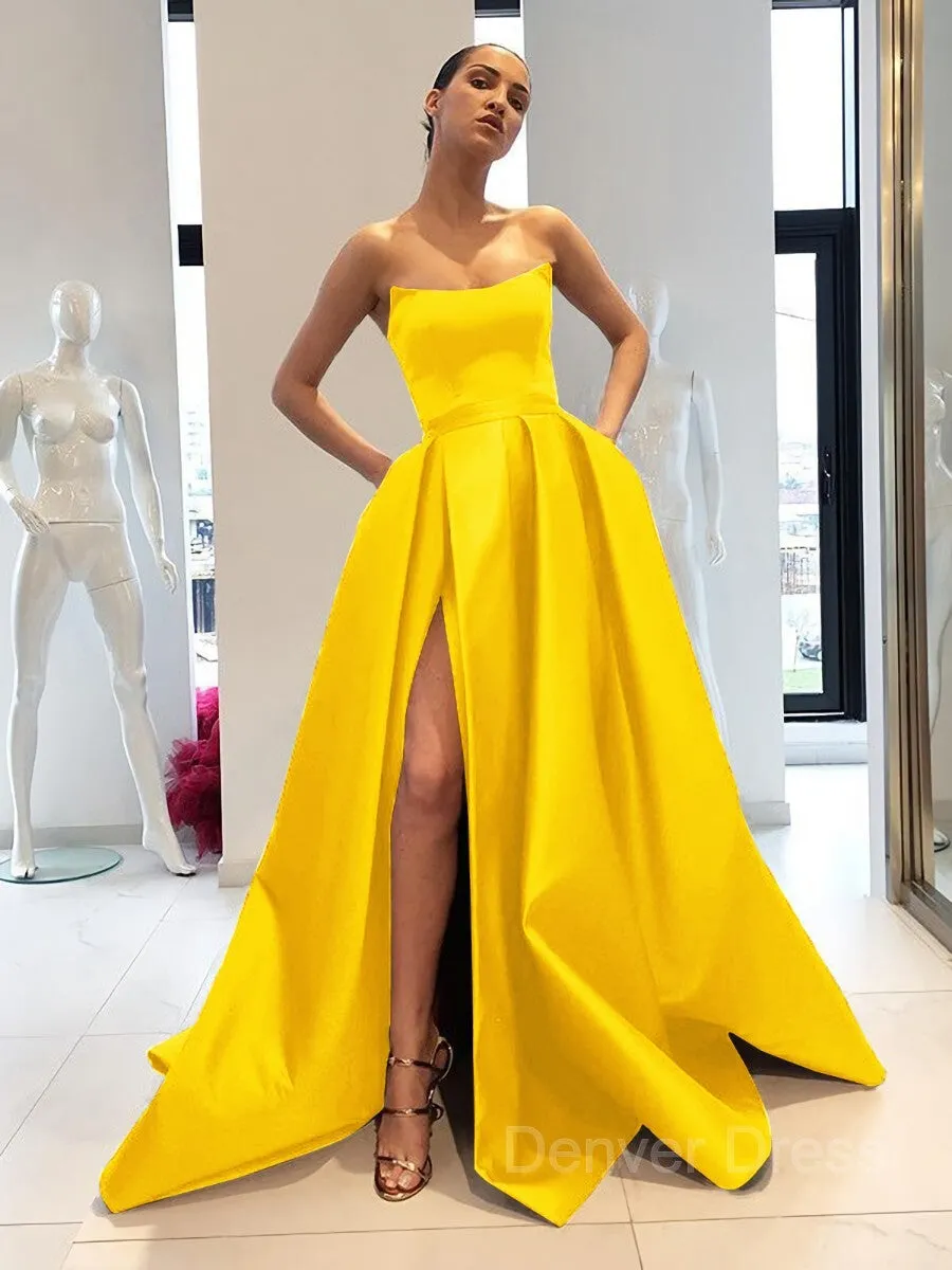 Ball Gown Strapless Sweep Train Satin Prom Dresses With Leg Slit