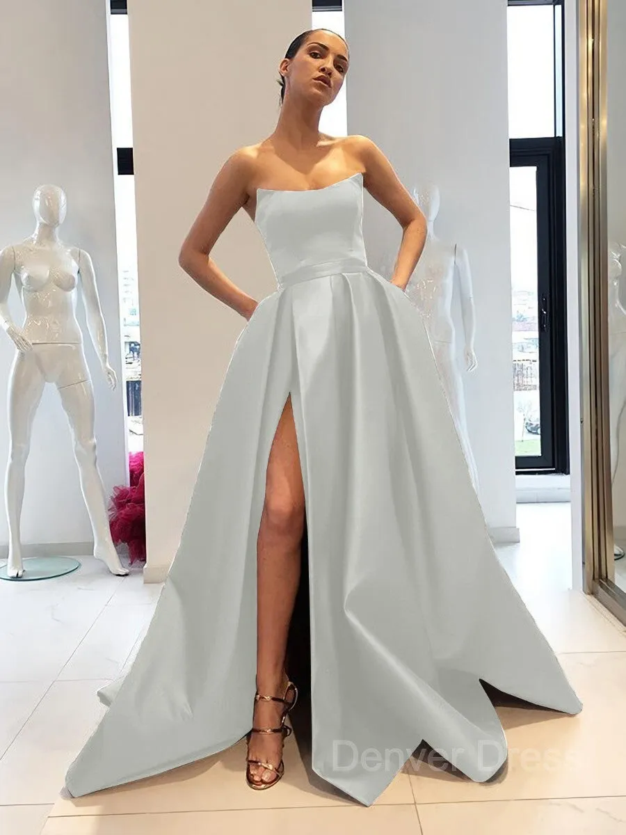 Ball Gown Strapless Sweep Train Satin Prom Dresses With Leg Slit