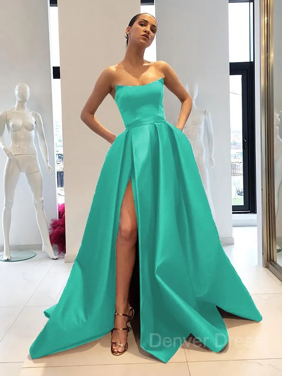 Ball Gown Strapless Sweep Train Satin Prom Dresses With Leg Slit