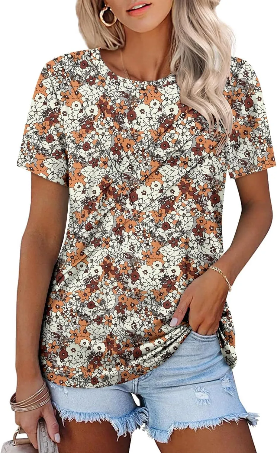 BETTE BOUTIK Womens Short Sleeve Summer Tops Pleated Tunic Tops Shirt S-3XL