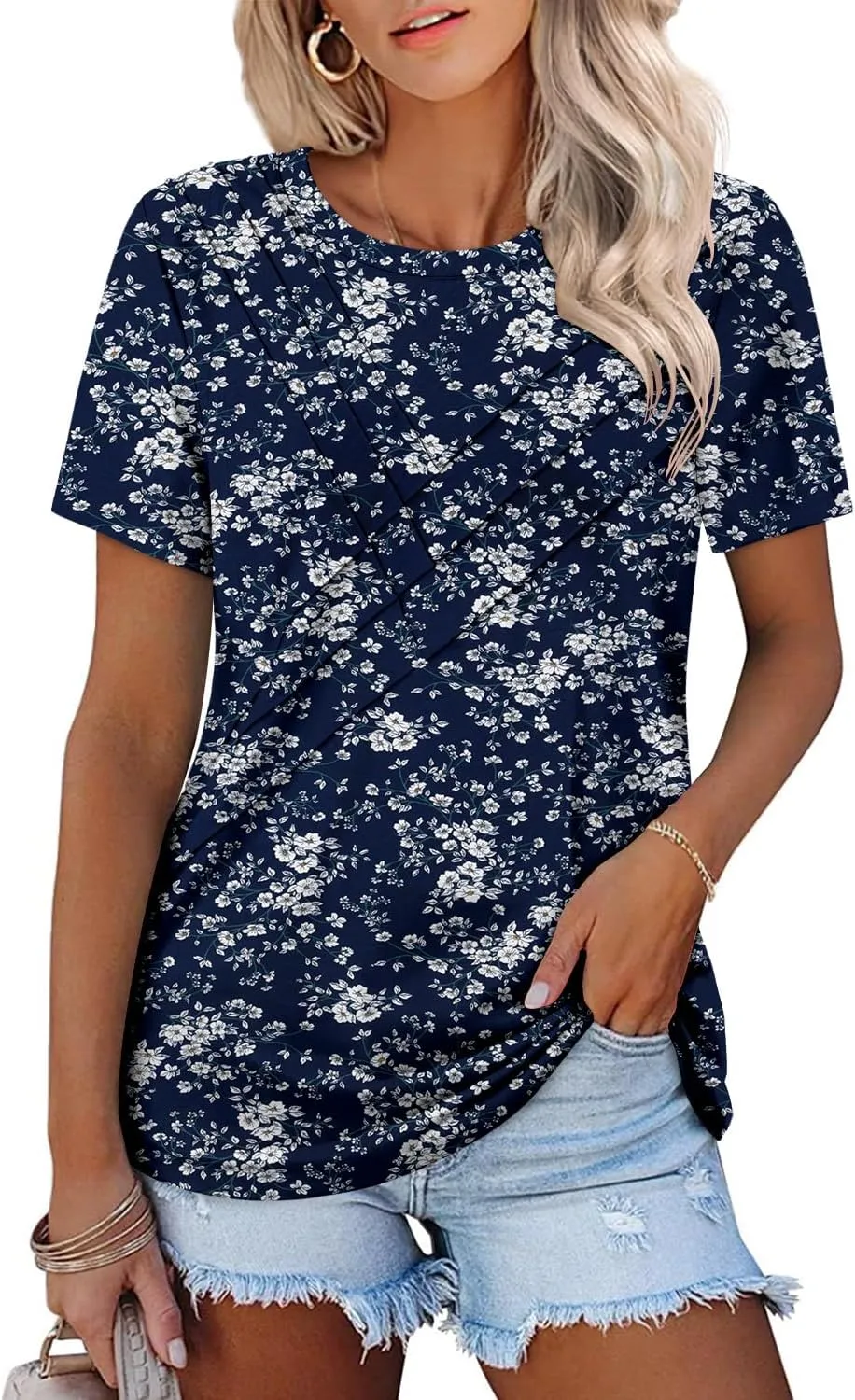 BETTE BOUTIK Womens Short Sleeve Summer Tops Pleated Tunic Tops Shirt S-3XL