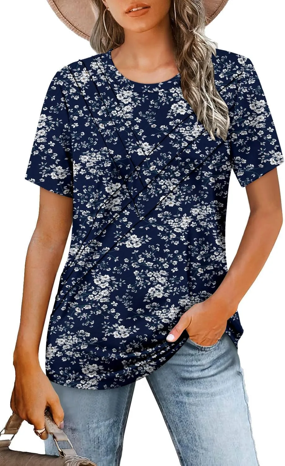 BETTE BOUTIK Womens Short Sleeve Summer Tops Pleated Tunic Tops Shirt S-3XL